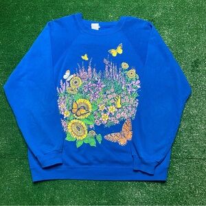 Floral Blue Vintage 90s Butterfly & Flower Crewneck Sweatshirt